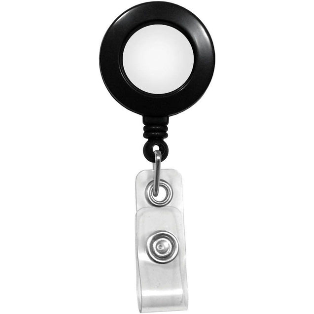 2120-4601 Round Badge Reel with White Sticker, Spring Clip Style 1 1/4" (32mm), Reel Diameter 1 1/4" (32mm), Cord Length : 34" (864mm), Label size : 3/4" (19mm), Clear Vinyl Strap, - 25/pack