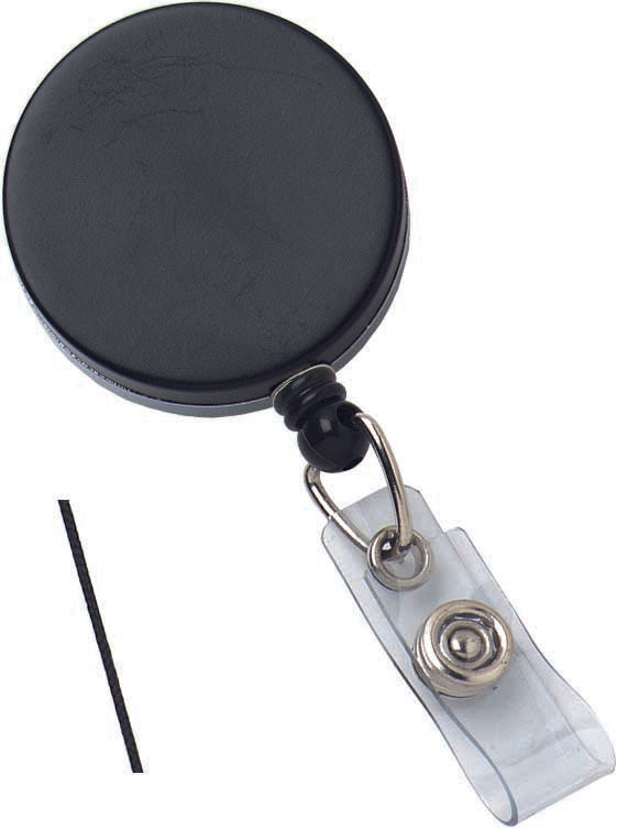 2120-3310 Heavy Duty Badge Reel, Belt Clip Style 1 1/2" (38mm), Reel Diameter 1 1/2" (38mm), Cord Length : 24" (588mm), Label size : 1 1/2" (38mm), Nylon Cord ; Clear Vinyl Strap, - Color Black/Chrome