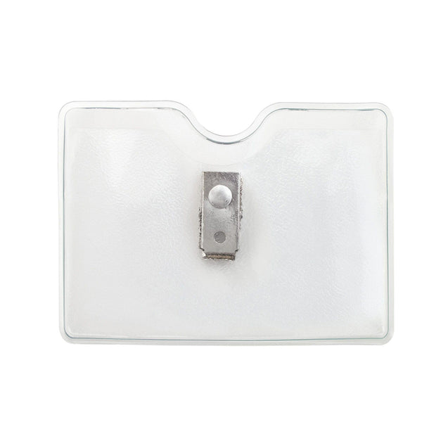 1810-1000 Vinyl Badge Holder, Clip-On Badge Holder 3.50" x 2.30" (89 x 58mm), 2 Hole Clip, Thumb-notch ; Non sticky Orange peel textured back;Outer Size 3.81" x 2.75" (97 x 70mm), Color Clear -100/pack