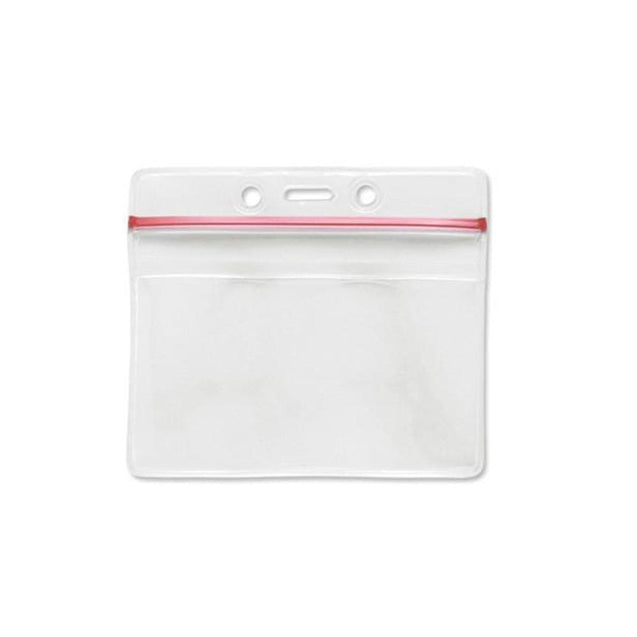 1815-1010 Vinyl Badge Holder, Resealable Zip Lock Vinyl Holder 3.63" x 2.75" (92 x 70mm), Weather resistant, Red Zip Lock, .020" thick vinyl front and back, Color Clear - 100/pack