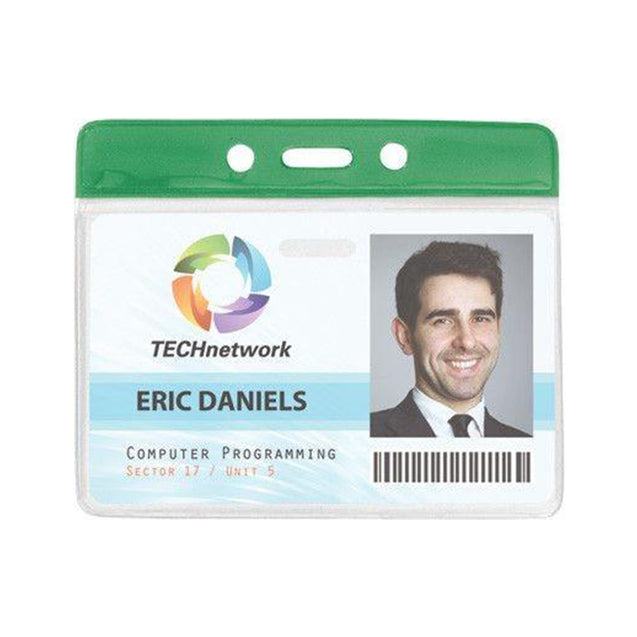 1820-1100 Vinyl Badge Holder, Color-Coded Vinyl Badge Holder 3.81" x 2.63" (98 x 67mm), Clear vinyl pocket front with color bar at top, thickness 0.23 mm front and 0.23 mm back, Horizontal top-load format