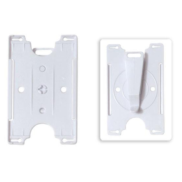 1840-3010 Rigid Badge Holder, Convertible Multi-Directional One Card holder 2.13" x 3.38" (54 x 86mm), Horizontal / Vertical Load, Rotating clip plus slot and chain holes , semi-rigid polycarbonate material - 50/pack