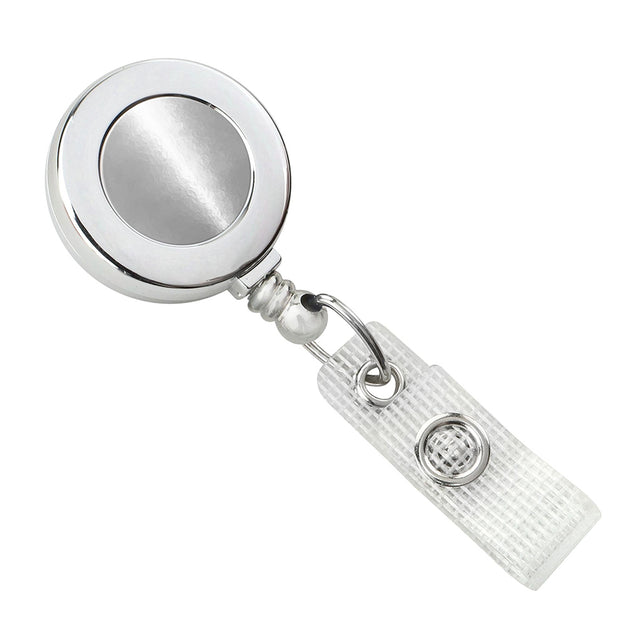 2120-3100 Round Badge Reel with Sliver Sticker, Belt Clip Style 1 1/4" (32mm), Reel Diameter 1 1/4" (32mm), Cord Length : 34" (864mm), Label size : 3/4" (19mm), Reinforced Vinyl Strap, - 25/pack