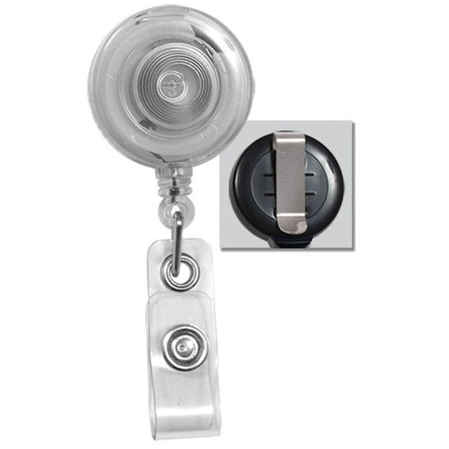 Round Badge Reel with White Sticker, Belt Clip Style 1 1/4" (32mm), Reel Diameter 1 1/4" (32mm), Cord Length : 34" (864mm), Label size : 3/4" (19mm), Clear Vinyl Strap