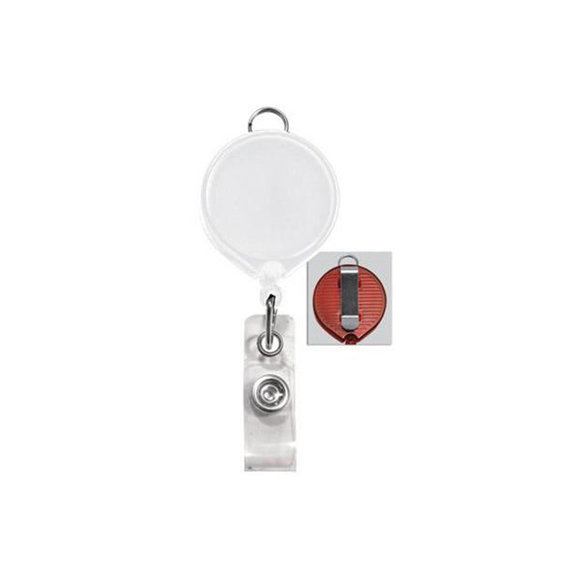 2124-3028 Logo Reel, Belt Clip Style 1 3/8" (35mm), Reel Diameter 1 3/8" (35mm), Cord Length : 36" (915mm), Label size : 1 1/4" (32mm), Clear Vinyl Strap - 25/pack