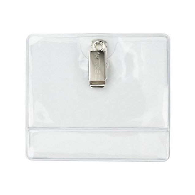 504-T1LB Vinyl Badge Holder, Clip-On Badge Holder Top: 3.45" x 2.25" (88 mm x 57 mm); Bottom: 3.45" x 0.50" (88 mm x 13 mm), Clothing-Friendly Vinyl Badge Holder, Extra space at the bottom for insert, Color Clear - 100/pack