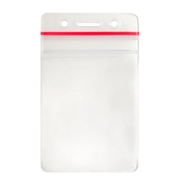 Vinyl Badge Holder, Anti-Print Transfer Badge Holder 2.25" x 3.25" (57 mm x 83 mm), Zipper Closure - Red Zip Lock, Standard Credit Size, thickness 0.3 mm front and 0.51 mm back, Color Clear - 100/pack