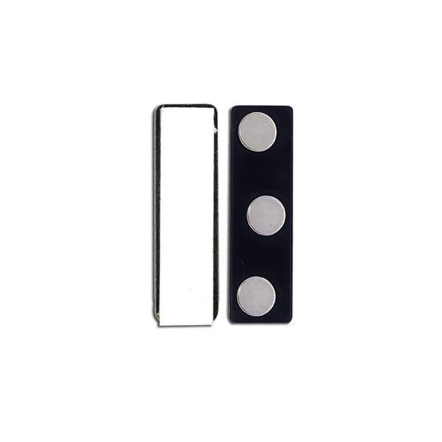 5730-3040 Badge Attachment, Magnetic Badge , Pressure Sensitive foam pad and Peel-away liner, MAGNATRIO - 3 round, rare-earth magnets encased in plastic with 1 zinc-plated steel plate, Mounting Plate Dimensions 1 3/4 x 1/2" (45 x 13 mm), - Color Black